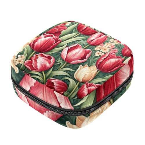 Damenbinden-Aufbewahrungstaschen, rot/weiß, Tulpenmuster, Menstruationstasse, Oxford-Tuch, Menstruationstassenbeutel, Stillunterlage, Tampon-Periodenbeutel mit Reißverschluss, für Teenager, Mädchen, von etoenbrc