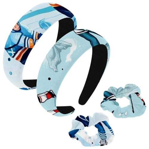 etoenbrc 2 Stück Polyester Breite Stirnbänder und Haargummi für Frauen, Blau Cartoon Eishockey Stirnbänder Haarband Mode Anti-Rutsch Haarreifen für Mädchen Frauen Haarschmuck von etoenbrc