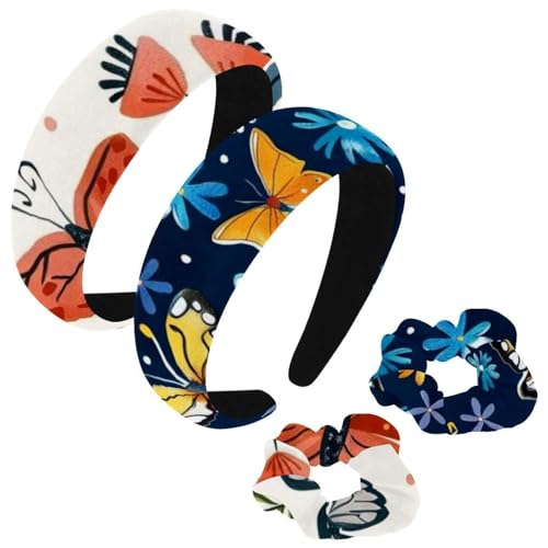 etoenbrc 2 Stück Polyester Breite Stirnbänder und Haargummi für Frauen, Blau Garten Schmetterling Stirnbänder Haarband Mode Anti-Rutsch Haarreifen für Mädchen Frauen Haarschmuck von etoenbrc