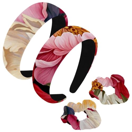 etoenbrc 2 Stück Polyester Breite Stirnbänder und Haargummi für Frauen, Brillante Pfingstrose G Stirnbänder Haarband Mode Anti-Rutsch Haarreifen für Mädchen Frauen Haarschmuck von etoenbrc