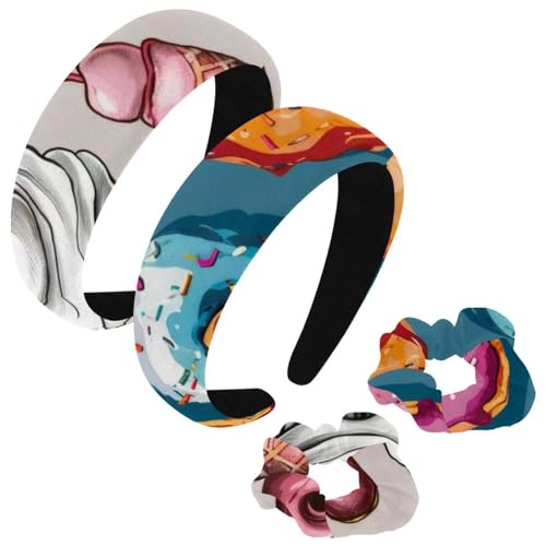 etoenbrc 2 Stück Polyester Breite Stirnbänder und Haargummi für Frauen, Cartoon Donut Malerei Stirnbänder Haarband Mode Anti-Rutsch Haarreifen für Mädchen Frauen Haarschmuck von etoenbrc
