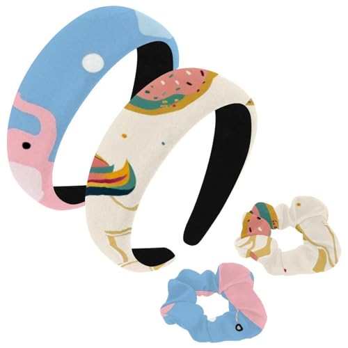 etoenbrc 2 Stück Polyester Breite Stirnbänder und Haargummi für Frauen, Cartoon Donuts Einhörner Stirnbänder Haarband Mode Anti-Rutsch Haarreifen für Mädchen Frauen Haarschmuck von etoenbrc