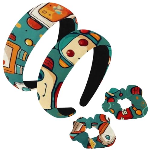 etoenbrc 2 Stück Polyester Breite Stirnbänder und Haargummi für Frauen, Cartoon Niedliches Robotermuster Stirnbänder Haarband Mode Anti-Rutsch Haarreifen für Mädchen Frauen Haarschmuck von etoenbrc