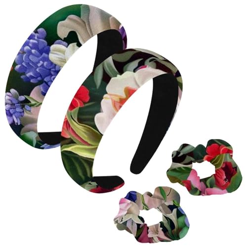 etoenbrc 2 Stück Polyester Breite Stirnbänder und Haargummi für Frauen, Frühling Garten Blumen Druck Stirnbänder Haarband Mode Anti-Rutsch Haarreifen für Mädchen Frauen Haarschmuck von etoenbrc