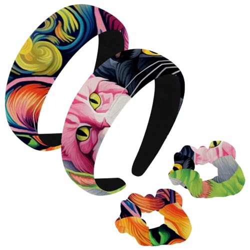 etoenbrc 2 Stück Polyester Breite Stirnbänder und Haargummi für Frauen, Frühling Katzen E Stirnbänder Haarband Mode Anti-Rutsch Haarreifen für Mädchen Frauen Haarschmuck von etoenbrc