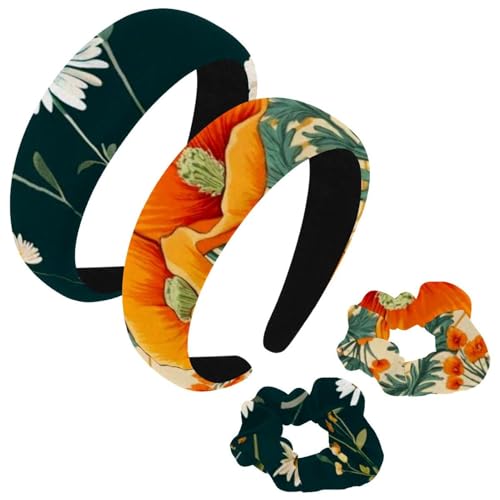 etoenbrc 2 Stück Polyester Breite Stirnbänder und Haargummi für Frauen, Garten California Poppy Muster Stirnbänder Haarband Mode Anti-Rutsch Haarreifen für Mädchen Frauen Haarschmuck von etoenbrc