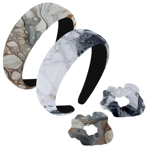 etoenbrc 2 Stück Polyester Breite Stirnbänder und Haargummi für Frauen, Grau Marmor Stirnbänder Haarband Mode Anti-Rutsch Haarreifen für Mädchen Frauen Haarschmuck von etoenbrc