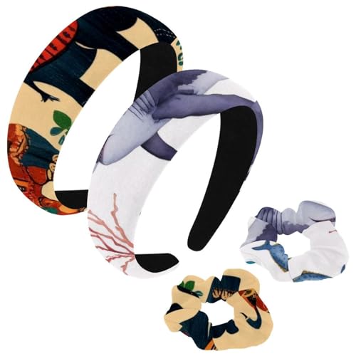 etoenbrc 2 Stück Polyester Breite Stirnbänder und Haargummi für Frauen, Hai Quallen und Fisch Stirnbänder Haarband Mode Anti-Rutsch Haarreifen für Mädchen Frauen Haarschmuck von etoenbrc