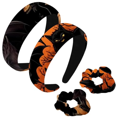 etoenbrc 2 Stück Polyester Breite Stirnbänder und Haargummi für Frauen, Halloween Fledermäuse J Stirnbänder Haarband Mode Anti-Rutsch Haarreifen für Mädchen Frauen Haarschmuck von etoenbrc
