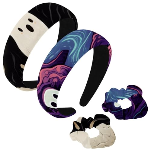 etoenbrc 2 Stück Polyester Breite Stirnbänder und Haargummi für Frauen, Halloween Geister B Stirnbänder Haarband Mode Anti-Rutsch Haarreifen für Mädchen Frauen Haarschmuck von etoenbrc