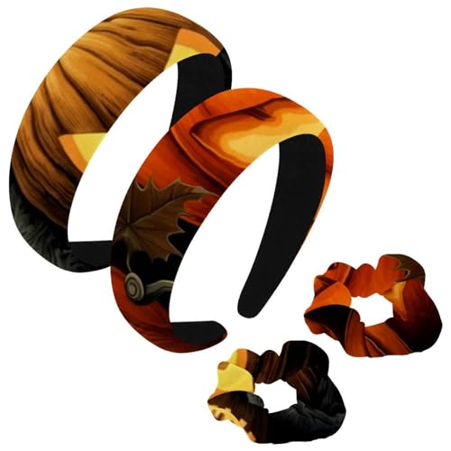 etoenbrc 2 Stück Polyester Breite Stirnbänder und Haargummi für Frauen, Halloween Kürbis Fledermaus Stirnbänder Haarband Mode Anti-Rutsch Haarreifen für Mädchen Frauen Haarschmuck von etoenbrc