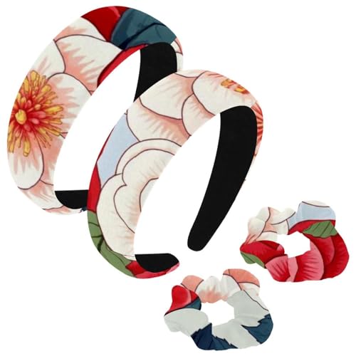 etoenbrc 2 Stück Polyester Breite Stirnbänder und Haargummi für Frauen, Kamelie Blumenmuster Stirnbänder Haarband Mode Anti-Rutsch Haarreifen für Mädchen Frauen Haarschmuck von etoenbrc