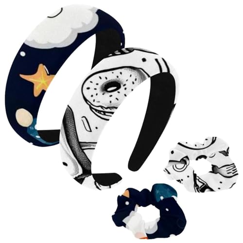 etoenbrc 2 Stück Polyester Breite Stirnbänder und Haargummi für Frauen, Muster von Süßigkeiten gezeichnete Stirnbänder Haarband Mode Anti-Rutsch Haarreifen für Mädchen Frauen Haarschmuck von etoenbrc