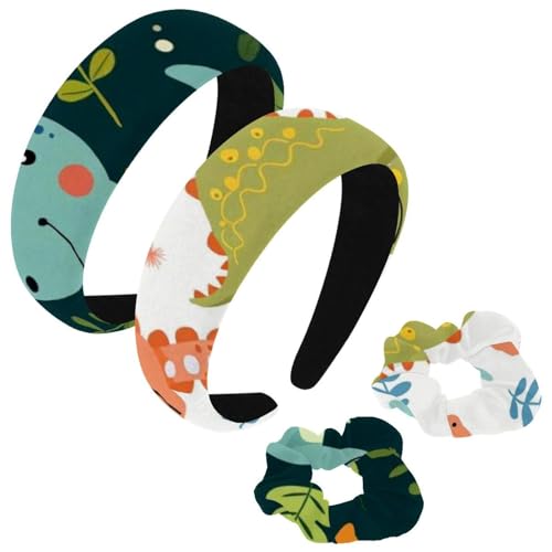 etoenbrc 2 Stück Polyester Breite Stirnbänder und Haargummi für Frauen, Niedliches Dinosaurier-Muster Stirnbänder Haarband Mode Anti-Rutsch Haarreifen für Mädchen Frauen Haarschmuck von etoenbrc