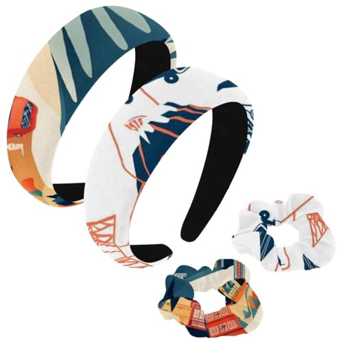 etoenbrc 2 Stück Polyester Breite Stirnbänder und Haargummi für Frauen, Reise-Route Stirnbänder Haarband Mode Anti-Rutsch Haarreifen für Mädchen Frauen Haarschmuck von etoenbrc