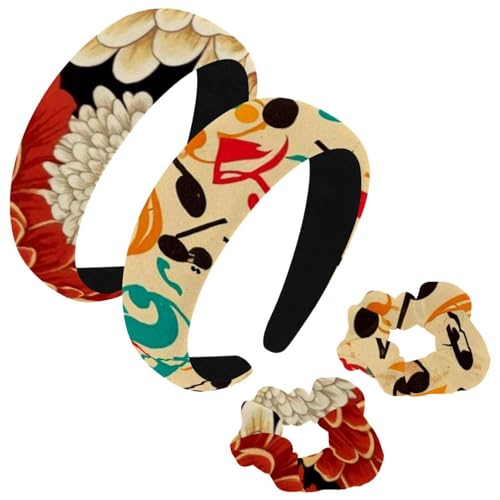 etoenbrc 2 Stück Polyester Breite Stirnbänder und Haargummi für Frauen, Retro Musikinstrument Muster Stirnbänder Haarband Mode Anti-Rutsch Haarreifen für Mädchen Frauen Haarschmuck von etoenbrc