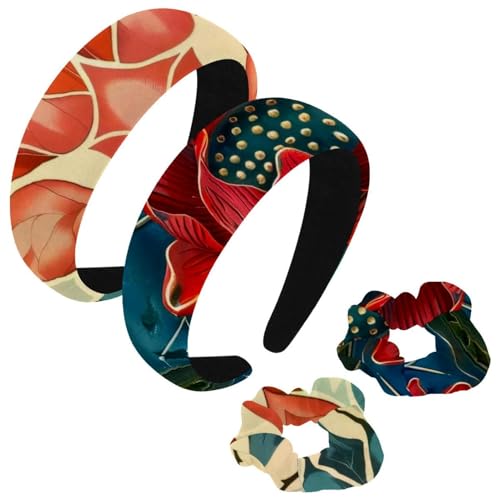 etoenbrc 2 Stück Polyester Breite Stirnbänder und Haargummi für Frauen, Rot Lotus Bild Stirnbänder Haarband Mode Anti-Rutsch Haarreifen für Mädchen Frauen Haarschmuck von etoenbrc