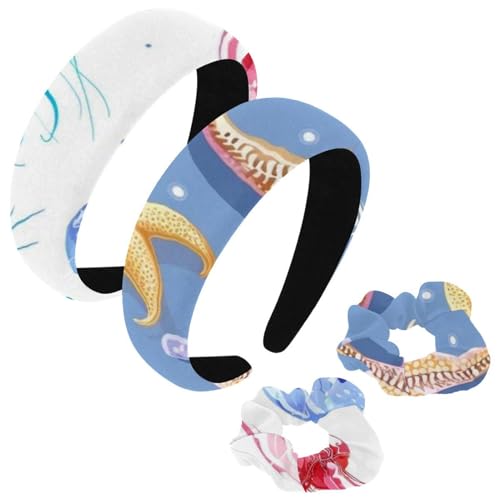 etoenbrc 2 Stück Polyester Breite Stirnbänder und Haargummi für Frauen, Sea Star Marine Druck Stirnbänder Haarband Mode Anti-Rutsch Haarreifen für Mädchen Frauen Haarschmuck von etoenbrc