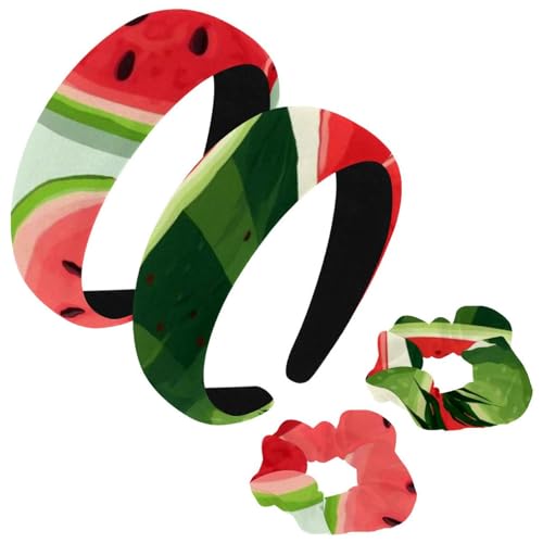 etoenbrc 2 Stück Polyester Breite Stirnbänder und Haargummi für Frauen, Sommer Wassermelone Muster Stirnbänder Haarband Mode Anti-Rutsch Haarreifen für Mädchen Frauen Haarschmuck von etoenbrc