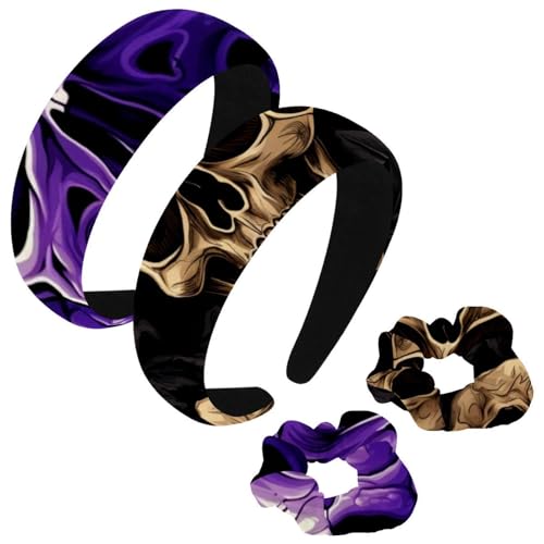 etoenbrc 2 Stück Polyester Breite Stirnbänder und Haargummi für Frauen, Totenkopf I Stirnbänder Haarband Mode Anti-Rutsch Haarreifen für Mädchen Frauen Haarschmuck von etoenbrc