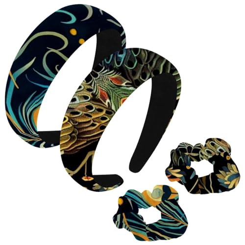 etoenbrc 2 Stück Polyester Breite Stirnbänder und Haargummi für Frauen, Vintage Pfau Stirnbänder Haarband Mode Anti-Rutsch Haarreifen für Mädchen Frauen Haarschmuck von etoenbrc