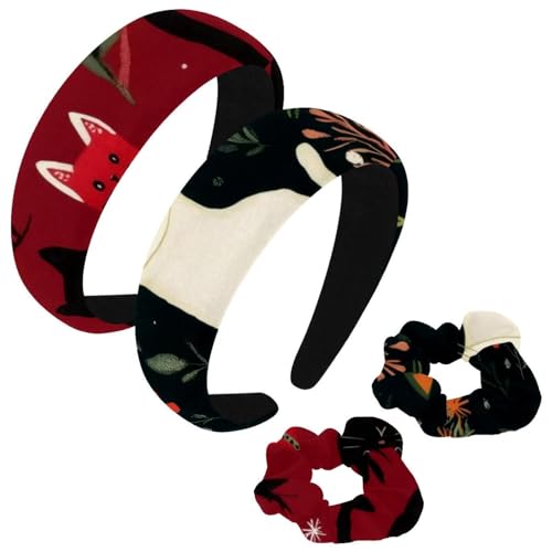 etoenbrc 2 Stück Polyester Breite Stirnbänder und Haargummi für Frauen, Weihnachten Blätter Katzen Stirnbänder Haarband Mode Anti-Rutsch Haarreifen für Mädchen Frauen Haarschmuck von etoenbrc