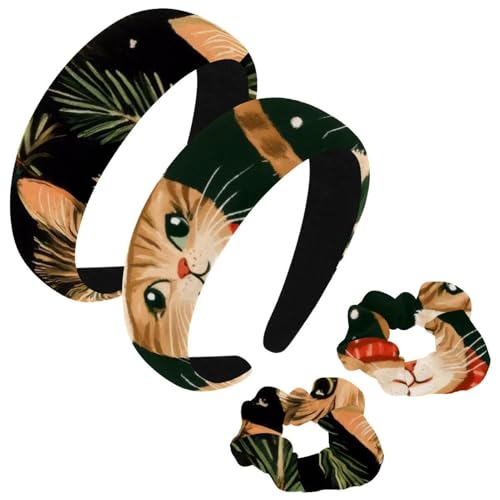 etoenbrc 2 Stück Polyester Breite Stirnbänder und Haargummi für Frauen, Winter Weihnachten Katzen Stirnbänder Haarband Mode Anti-Rutsch Haarreifen für Mädchen Frauen Haarschmuck von etoenbrc
