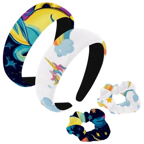 etoenbrc 2 Stück Polyester Breite Stirnbänder und Haargummi für Frauen, Wolken Regenbogen Einhorn Stern Stirnbänder Haarband Mode Anti-Rutsch Haarreifen für Mädchen Frauen Haarschmuck von etoenbrc