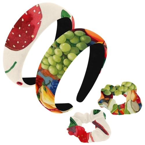 etoenbrc 2 Stück Polyester Breite Stirnbänder und Haargummi für Frauen, frisches Obst Tiere Muster Stirnbänder Haarband Mode Anti-Rutsch Haarreifen für Mädchen Frauen Haarschmuck von etoenbrc