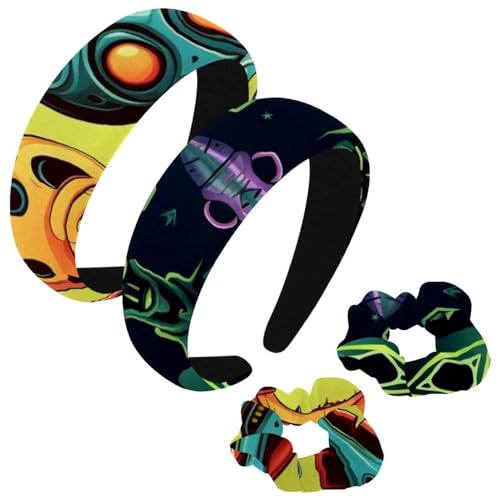 etoenbrc 2 Stück Polyester Breite Stirnbänder und Haargummi für Frauen, seltsame Aliens Muster Stirnbänder Haarband Mode Anti-Rutsch Haarreifen für Mädchen Frauen Haarschmuck von etoenbrc