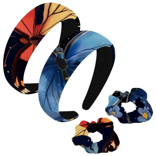 etoenbrc 2 Stück Polyester Breite Stirnbänder und Haargummi für Frauen Blau Blumen Schmetterling Stirnbänder Haarband Mode Anti-Rutsch Haarreifen für Mädchen Frauen Haarschmuck von etoenbrc