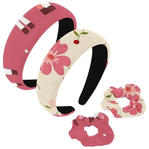 etoenbrc 2 Stück Polyester Breite Stirnbänder und Haargummi für Frauen Cartoon Rosa Kuh Muster Stirnbänder Haarband Mode Anti-Rutsch Haarreifen für Mädchen Frauen Haarschmuck von etoenbrc