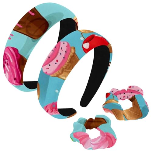 etoenbrc 2 Stück Polyester Breite Stirnbänder und Haargummi für Frauen Obst Eistüte Stirnbänder Haarband Mode Anti-Rutsch Haarreifen für Mädchen Frauen Haarschmuck von etoenbrc