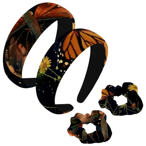 etoenbrc 2 Stück Polyester Breite Stirnbänder und Haargummi für Frauen Sternenblumen Pflanze Schmetterling Stirnbänder Haarband Mode Anti-Rutsch Haarreifen für Mädchen Frauen Haarschmuck von etoenbrc