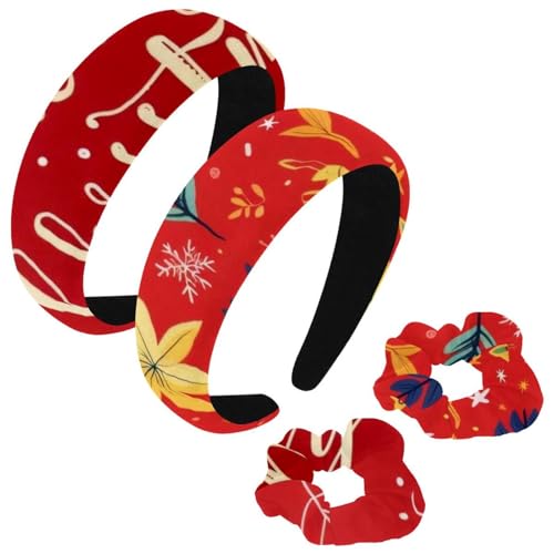 etoenbrc 2 Stück Polyester Breite Stirnbänder und Haargummi für Frauen Weihnachten Blätter Roter Hintergrund Stirnbänder Haarband Mode Anti-Rutsch Haarreifen für Mädchen Frauen Haarschmuck von etoenbrc