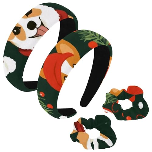 etoenbrc 2 Stück Polyester Breite Stirnbänder und Haargummi für Frauen Weihnachten Niedlich Corgi Stirnbänder Haarband Mode Anti-Rutsch Haarreifen für Mädchen Frauen Haarschmuck von etoenbrc
