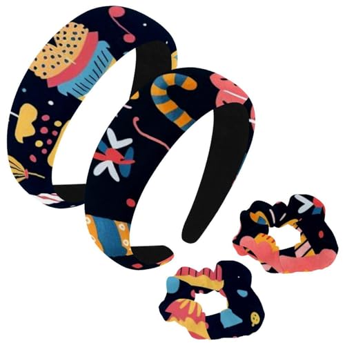 etoenbrc 2 Stück Polyester Breite Stirnbänder und Scrunchie für Frauen Geburtstag Kuchen Druck Stirnbänder Haarband Mode Anti-Rutsch Haarreifen für Mädchen Frauen Haarschmuck von etoenbrc