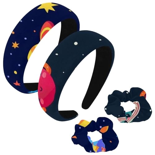 etoenbrc 2 Stück Polyester breite Stirnbänder und Haargummi für Frauen, Happy Cute Universe Printing Stirnbänder Haarband Mode Anti-Rutsch Haarreifen für Mädchen Frauen Haarschmuck von etoenbrc