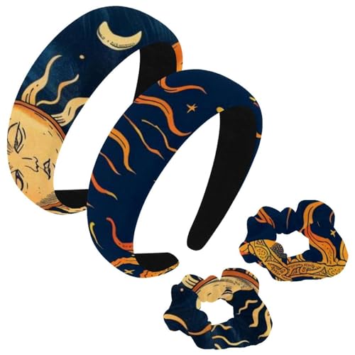 etoenbrc 2 Stück Polyester breite Stirnbänder und Haargummi für Frauen, Mond Sonne Druck Stirnbänder Haarband Mode rutschfeste Haarreifen für Mädchen Frauen Haarschmuck von etoenbrc