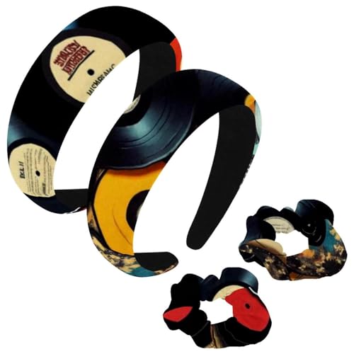 etoenbrc 2 Stück Polyester breite Stirnbänder und Haargummi für Frauen, Vinyl Musikplatten Stirnbänder Haarband Mode Anti-Rutsch Haarreifen für Mädchen Frauen Haarschmuck von etoenbrc