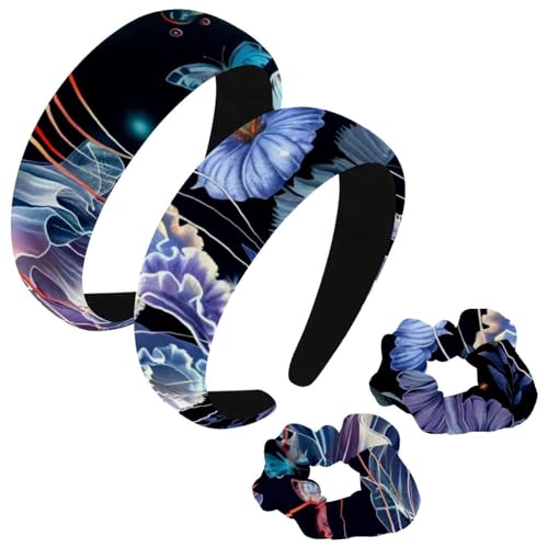 etoenbrc 2 Stück Polyester breite Stirnbänder und Haargummi für Frauen, ausgefallene Blumen Quallen Stirnbänder Haarband Mode rutschfeste Haarreifen für Mädchen Frauen Haarschmuck von etoenbrc