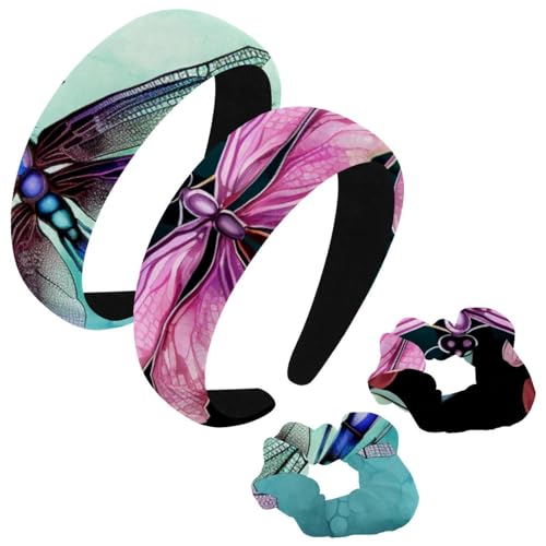etoenbrc 2 Stück Polyester breite Stirnbänder und Haargummi für Frauen, ausgefallene Libellen, E Stirnbänder, Haarband, modisch, rutschfest, Haarreifen für Mädchen und Frauen, Haarschmuck von etoenbrc