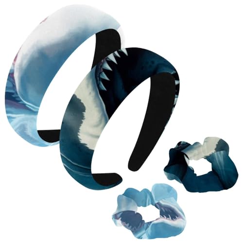 etoenbrc 2 Stück Polyester breite Stirnbänder und Haargummi für Frauen, bemalte Hai C Stirnbänder Haarband Mode rutschfeste Haarreifen für Mädchen Frauen Haarschmuck von etoenbrc