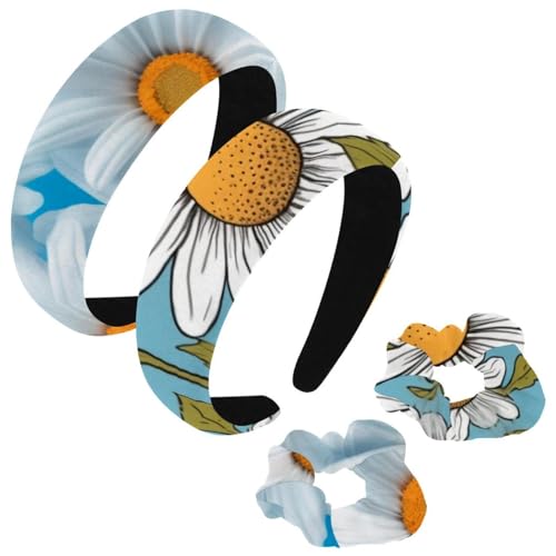 etoenbrc 2 Stück Polyester breite Stirnbänder und Haargummi für Frauen, bemalte kleine Gänseblümchen Stirnbänder Haarband Mode rutschfeste Haarreifen für Mädchen Frauen Haarschmuck von etoenbrc
