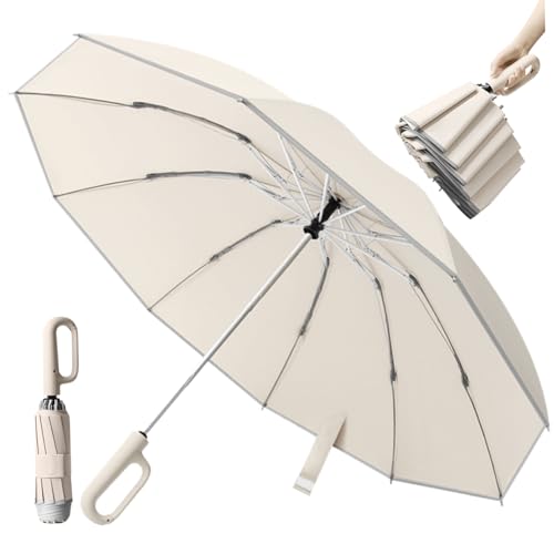 10 Rippen Starker automatischer Regen Regenschirm 3 -Fach umgekehrter Regen Regenschirm mit Griff -Clip -Regenschirm mit reflektierender Sicherheitsstreifen Sonnenschirm Beige Beige von eurNhrN