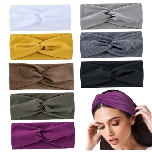 8pcs breite Haarbänder für Frauenhaare, dehnbare turbanische Stirnbänder Sportstirnband, 8 Farben weich von eurNhrN