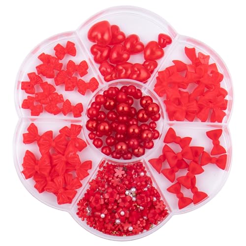 Bow Nail Charms 170pcs 7 Styles Nagel Edelstee niedliche Nagelbögen mit transparenten Box süße Edelsteine für Nagelkunst DIY -Handwerk und Mädchen Geschenk rote Strasssteine von eurNhrN