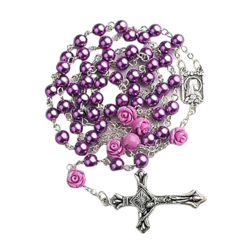 eurNhrN katholische Rosenkranz Halskette katholische Rosenkranz Halskette 8mm lila Perlenperlen Rosenblume Cross Religiöse Halskette von eurNhrN