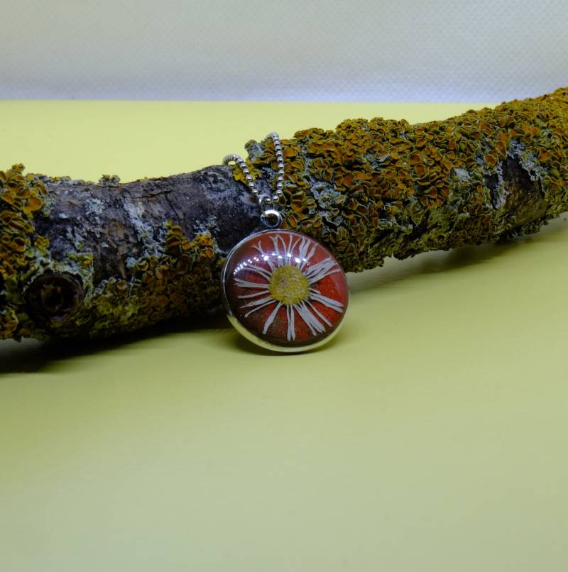 Gänseblümchenanhänger Handgemacht, Silbrige Halskette Mit Gänseblume, Runder Blütenanhänger, Einzigartiger Blumenanhänger Rot-Schwarz Gänseblümchenanhänger Handgemacht, Silbrige Halskette Mit Gänseblume, Runder Blütenanhänger, Einzigartiger Blumenanhänger Rot-Schwarz von evanyota