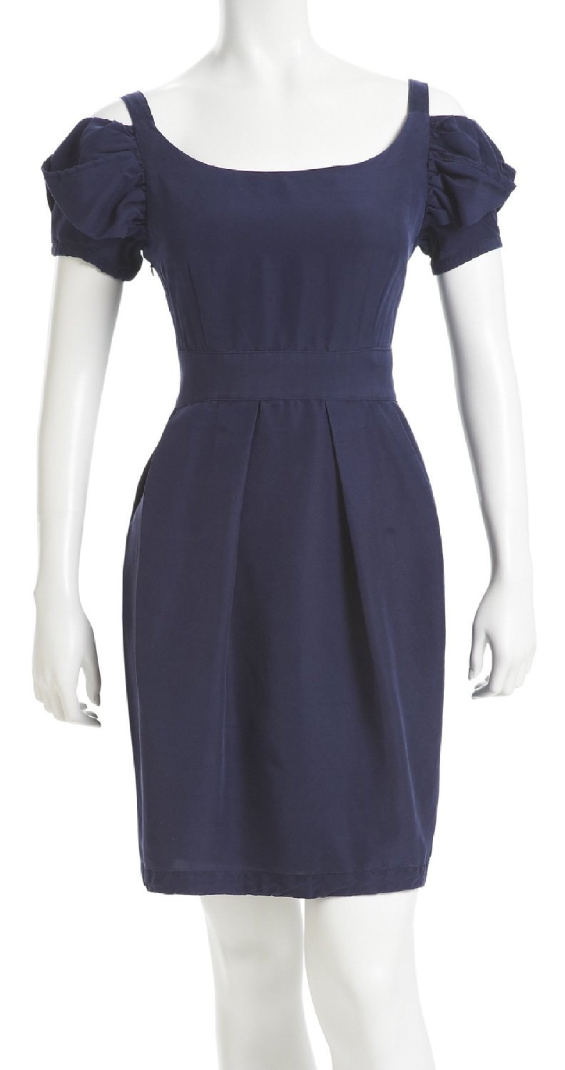 Kleid Aus 100 % Seide Mit Gerafften Ärmeln - Marineblau von everjune